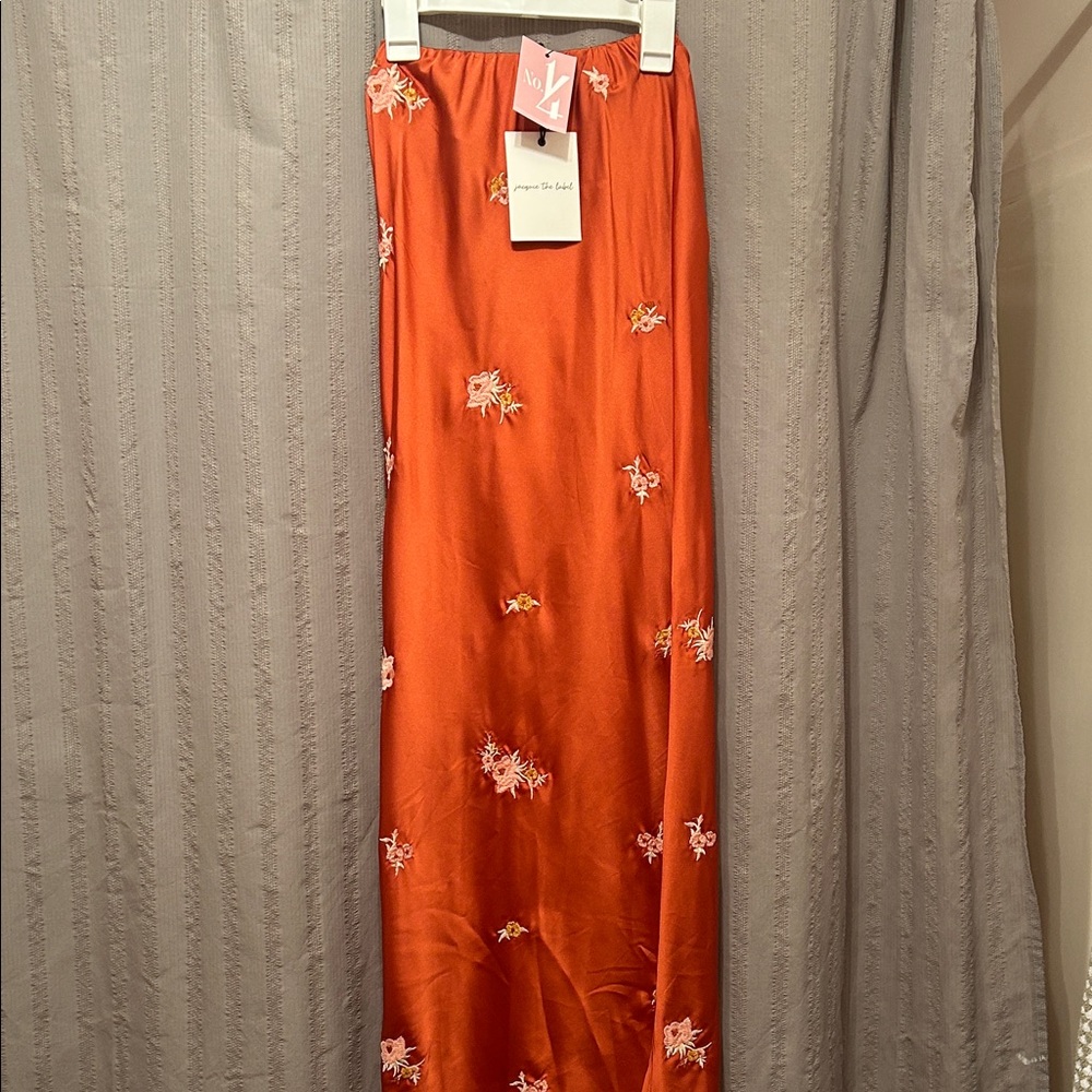 Burnt Orange Embroidered Floral Midi Skirt